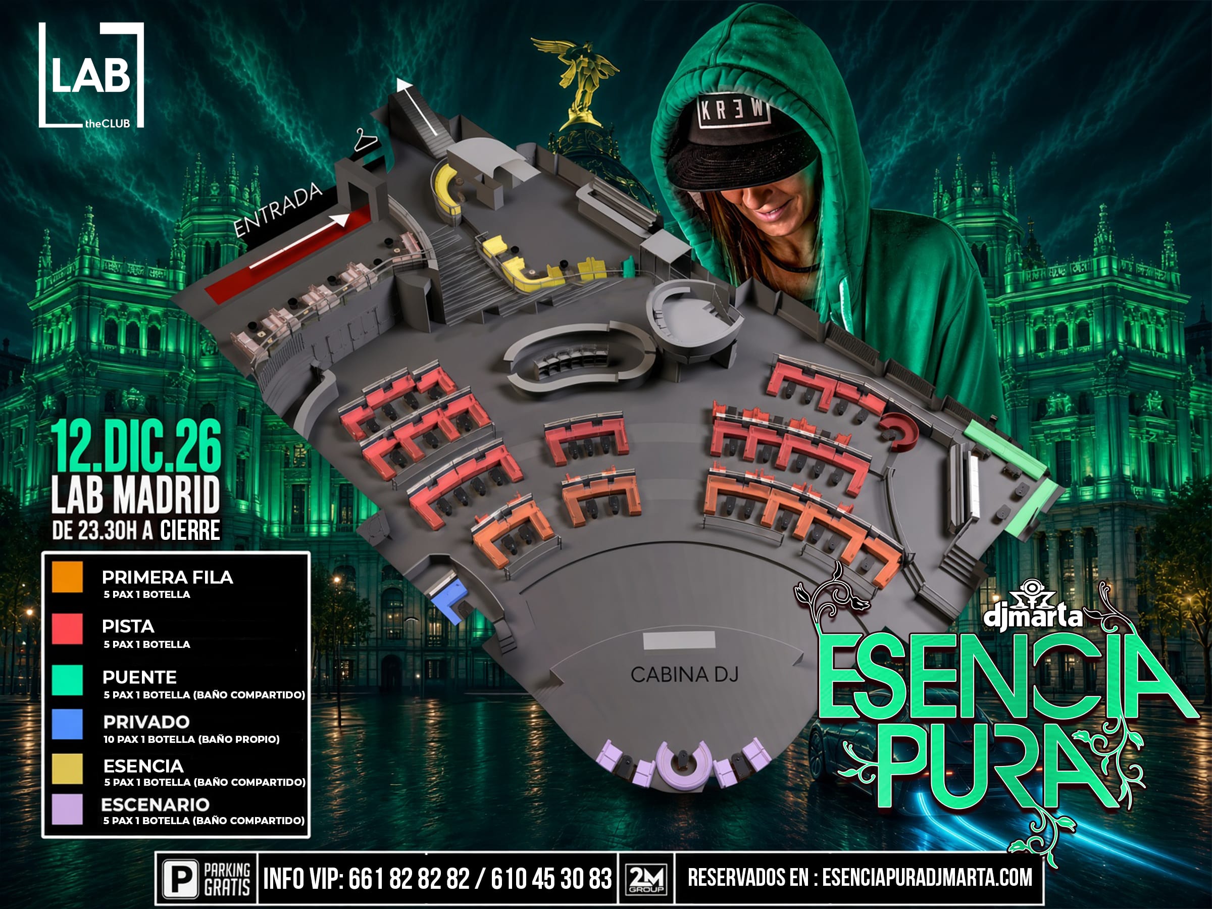 Plano de reservados de LAB the Club para Esencia Pura: mesa 1ª fila, mesa puente, reservado privado, mesa escenario, zona Esencia y mesa pista, alrededor de la cabina del DJ